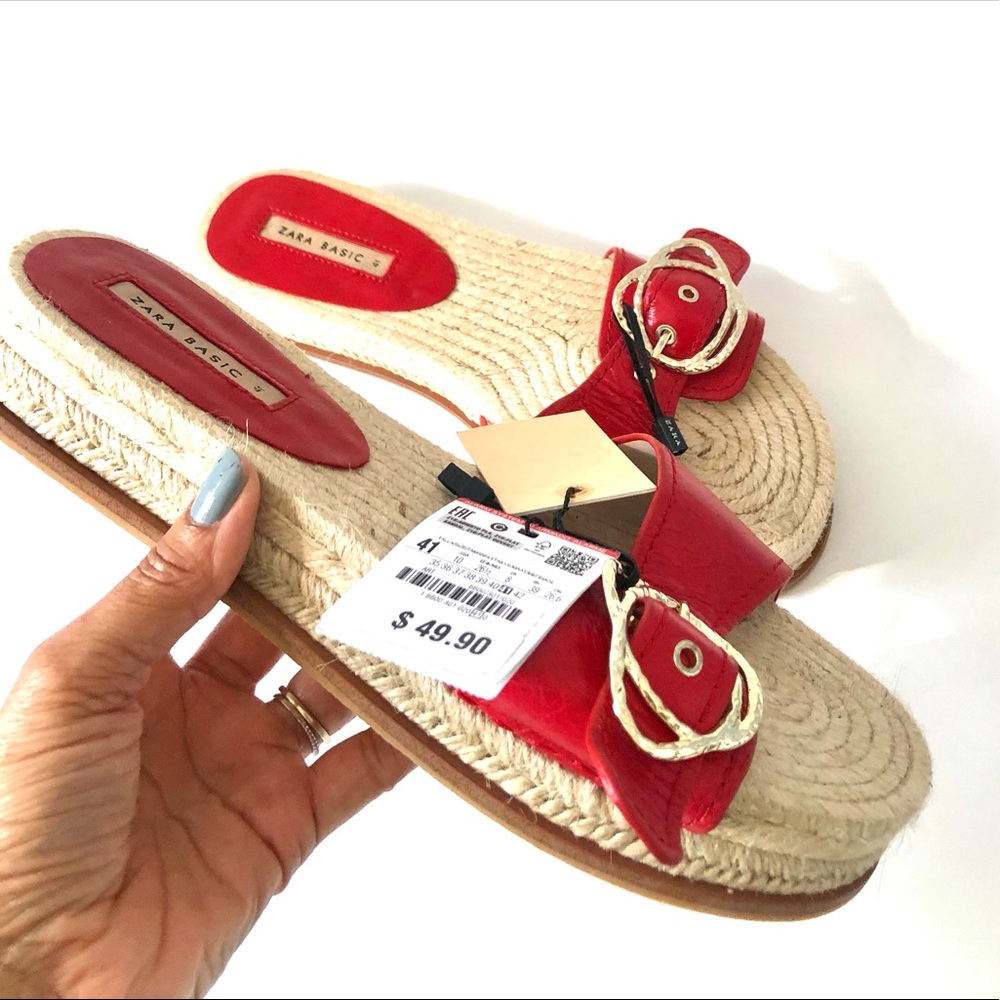 Zara Leather Buckle Woven Espadrille Sandals